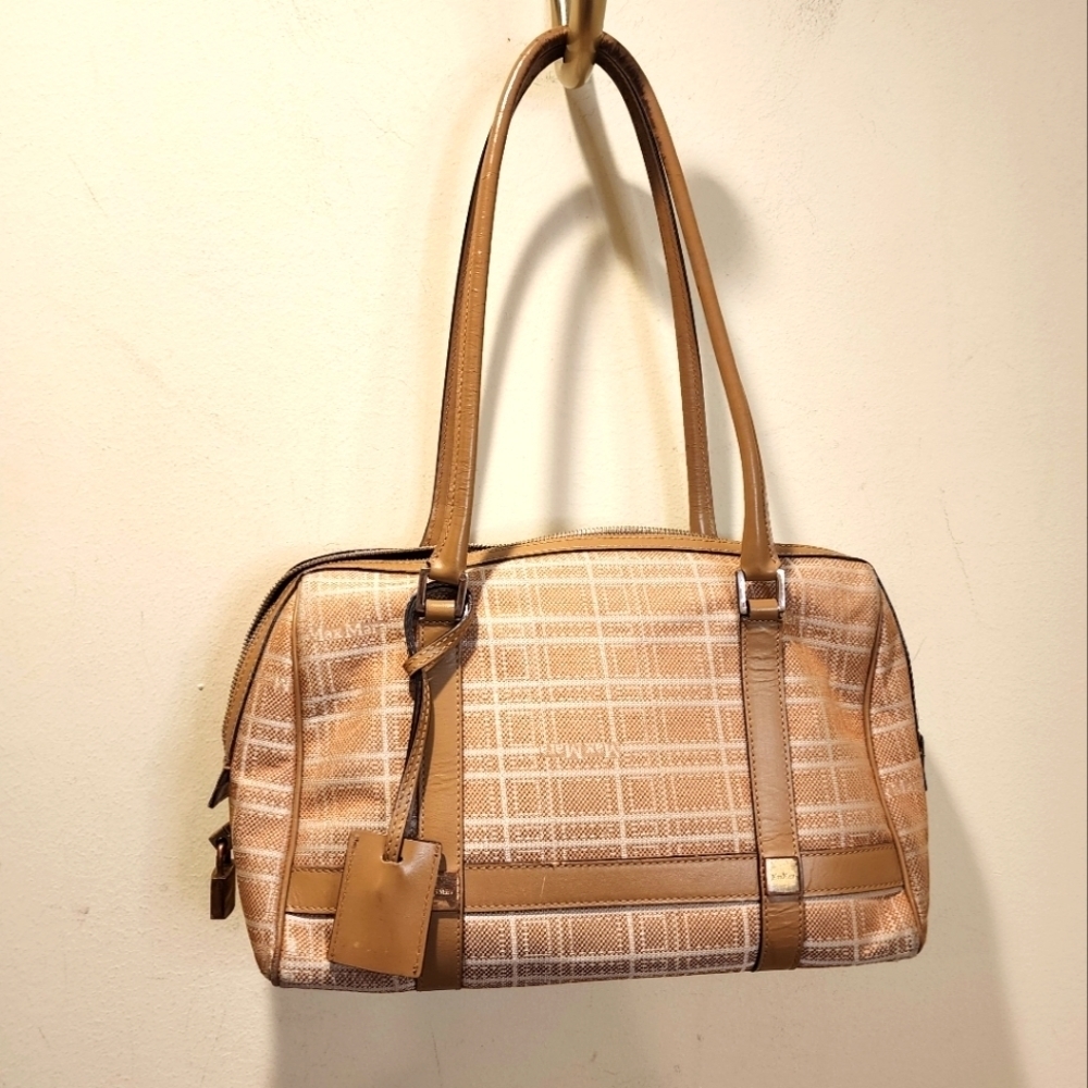 MaxMara vintage  Tan Leather and Canvas plaid tan shoulder bag
